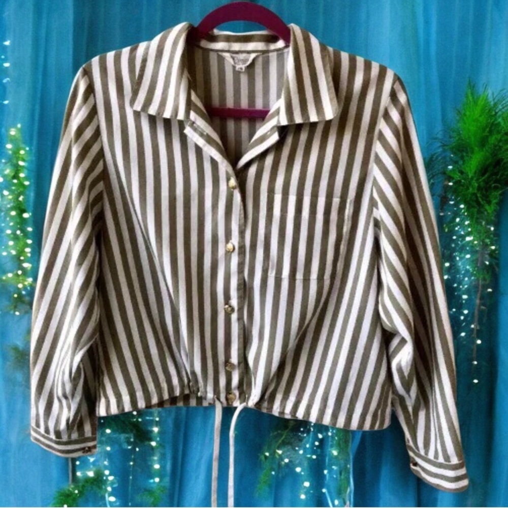 Striped Button Up Crop Blouse Top Tie Sash Pinion Chest Pocket